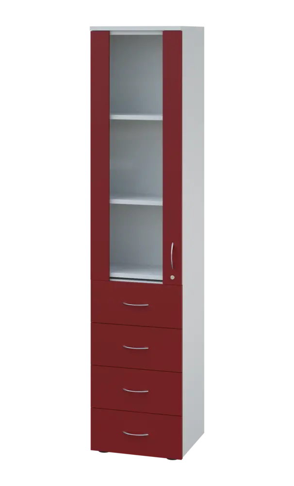 LE - 44 skříň léková prosklená, levá, korpus bílý, dvířka burgundská